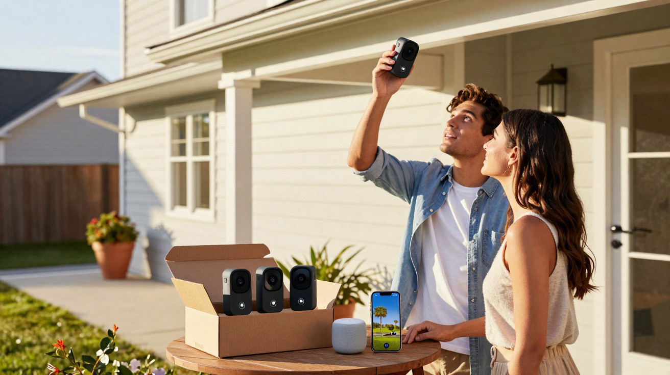 Couple setting up home security cameras outside with smart speaker and phone on table next to them.