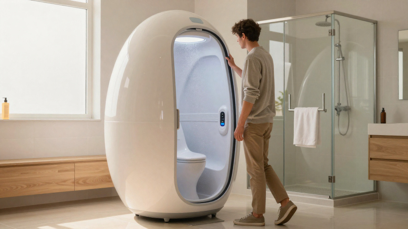 Man opening a futuristic white pod device in a modern bathroom with a glass shower and wooden cabinets.