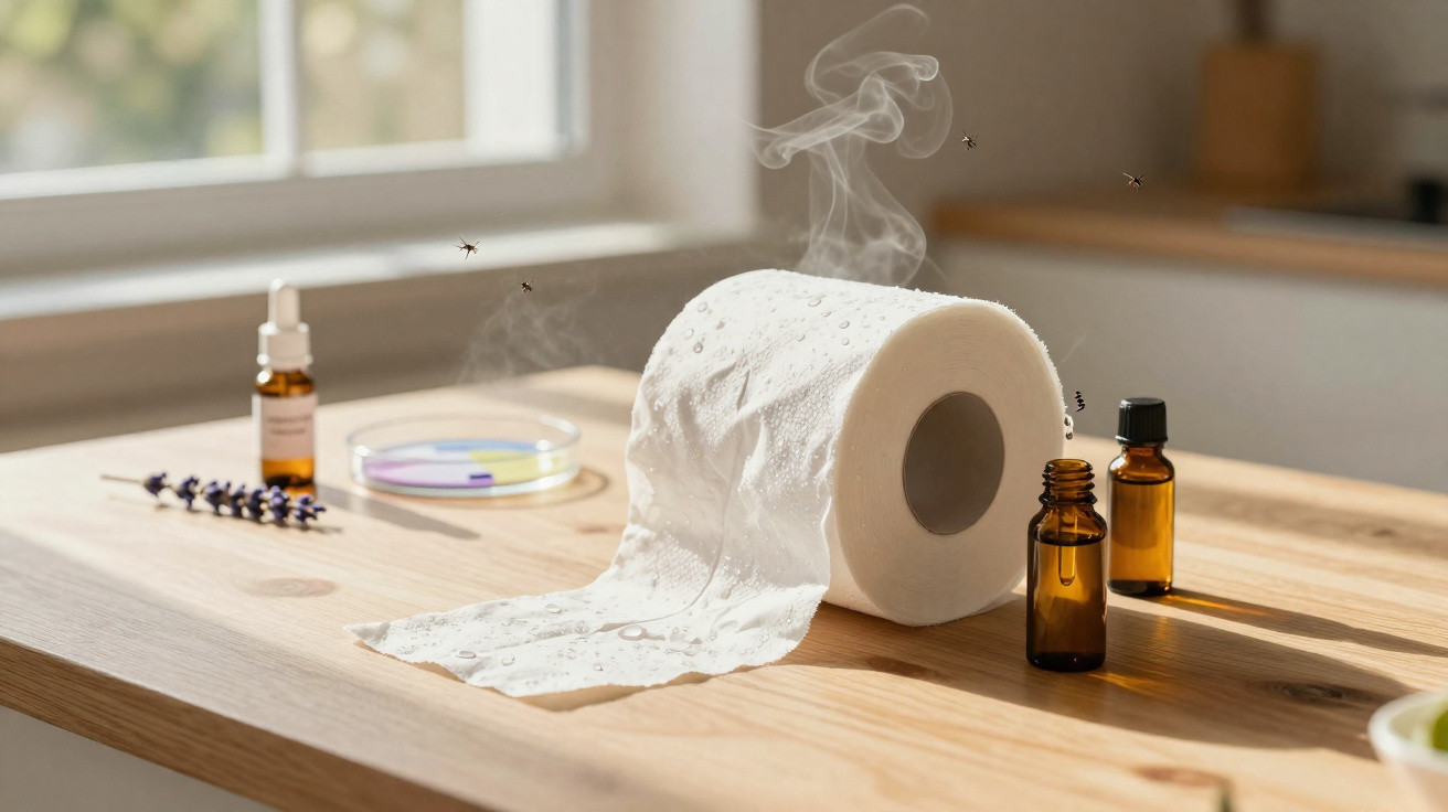 Roll of wet toilet paper on a wooden surface surrounded by essential oil bottles and flying insects.