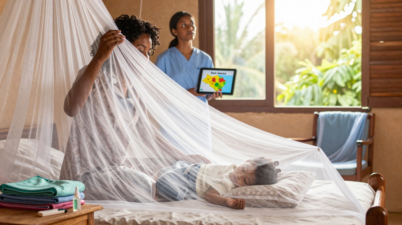 Nurse placing mosquito net over sleeping child while another nurse holds tablet showing disease risk map.