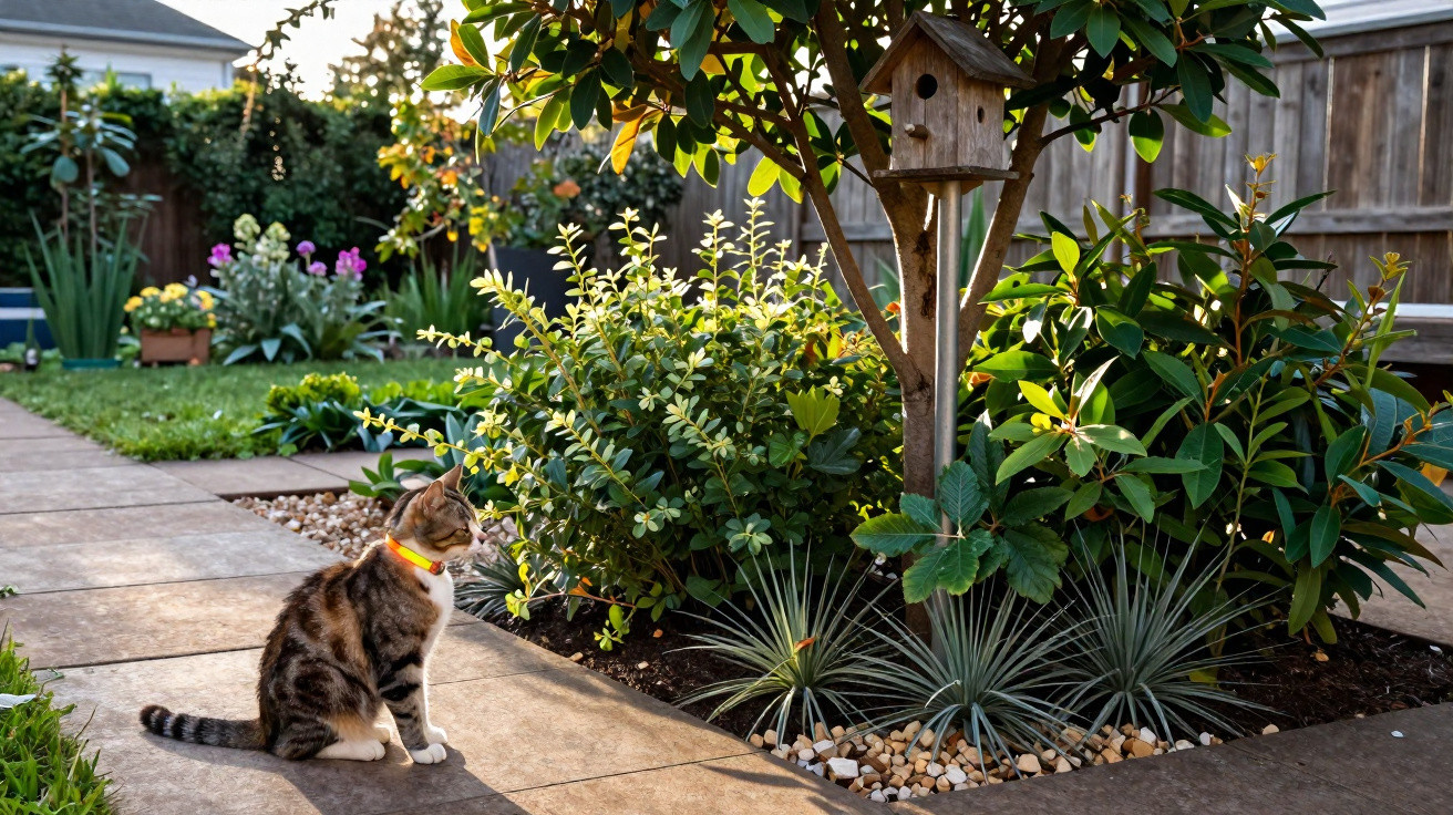 Tabby cat with collar sitting on garden path near birdhouse and green plants in sunny backyard.