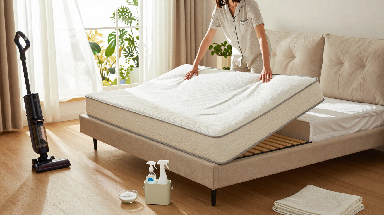 Person lifting mattress on beige bed frame in bright room with cleaning supplies and vacuum nearby
