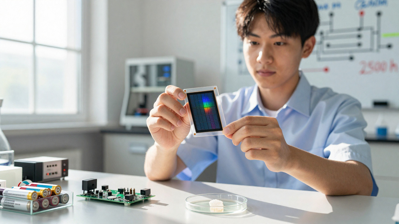 Young scientist examining a solar panel or semiconductor chip in a bright laboratory setting.