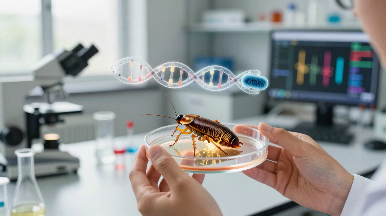 Scientist holding a petri dish with a cockroach and a digital DNA strand graphic in a laboratory setting.