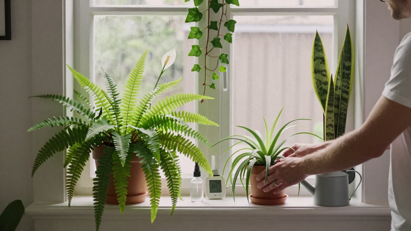 Person tending to various potted houseplants on a sunlit windowsill with gardening tools nearby.