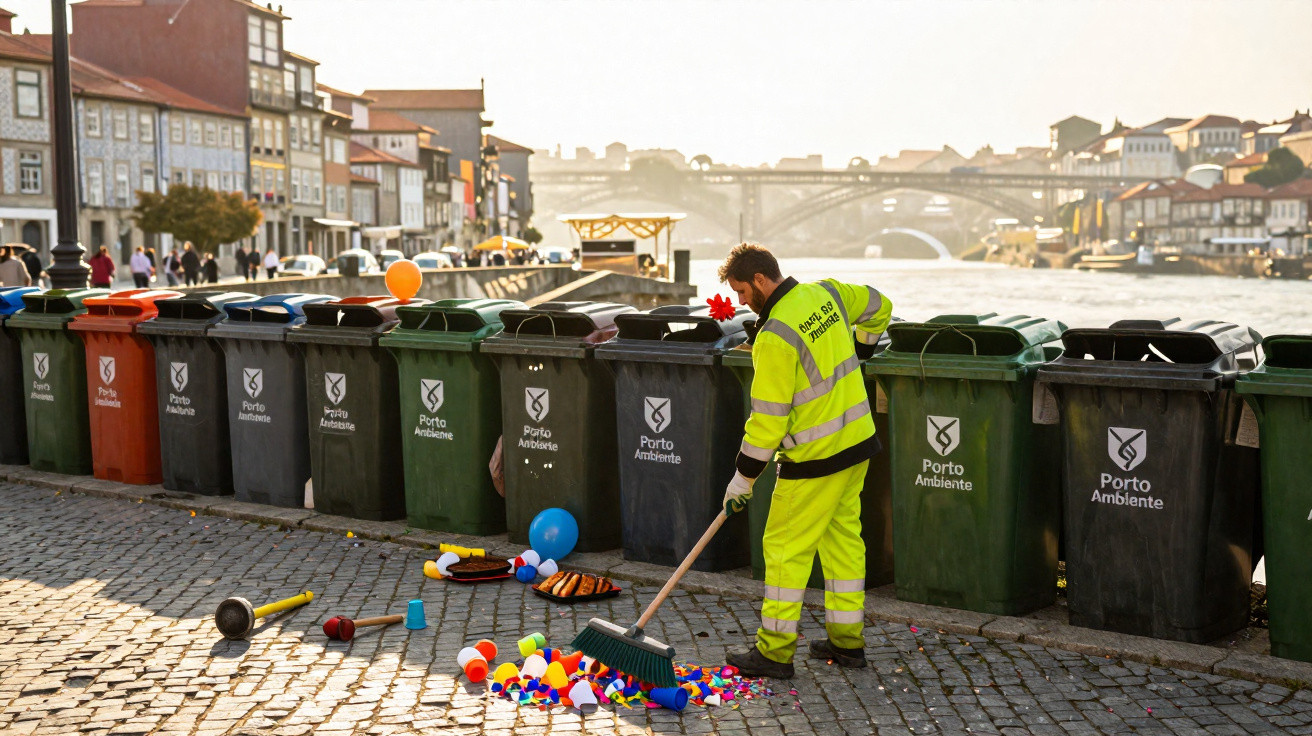 A worker in high-visibility clothing sweeping colourful plastic waste near labelled bins by a riverside in Porto.