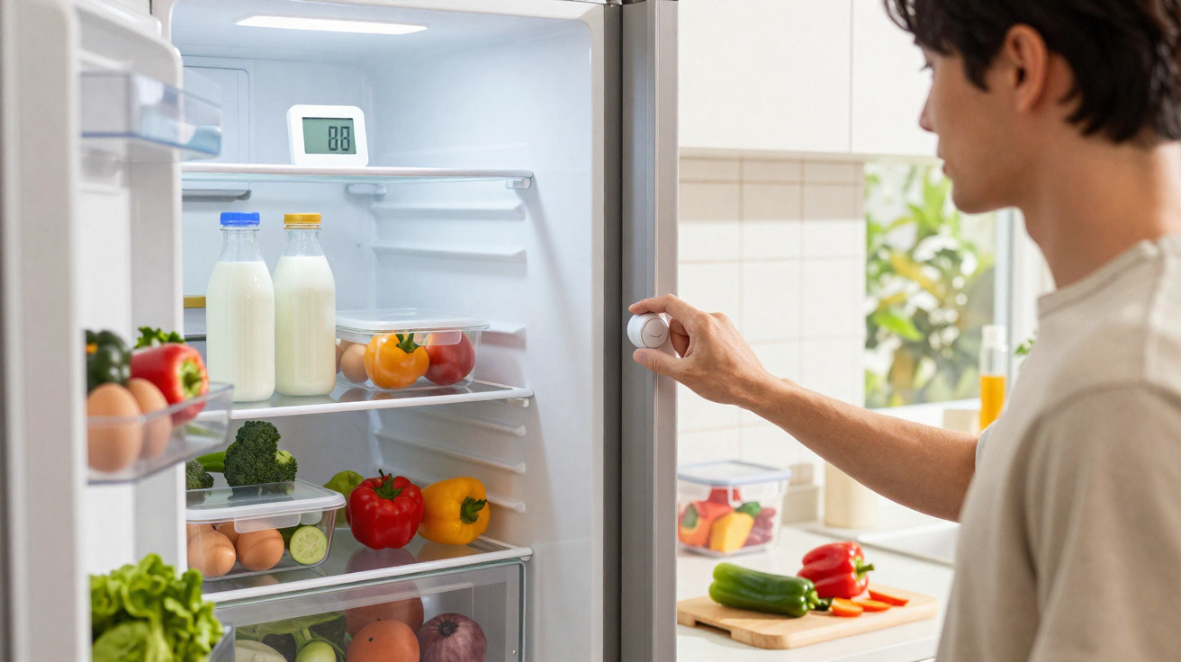 Person adjusting temperature dial on open fridge filled with fresh vegetables, eggs, and milk bottles.