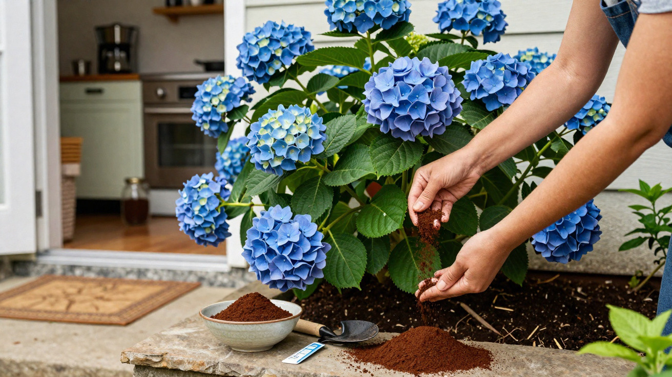 Hands sprinkling soil around blue hydrangea flowers outside a house near gardening tools and bowls of soil.