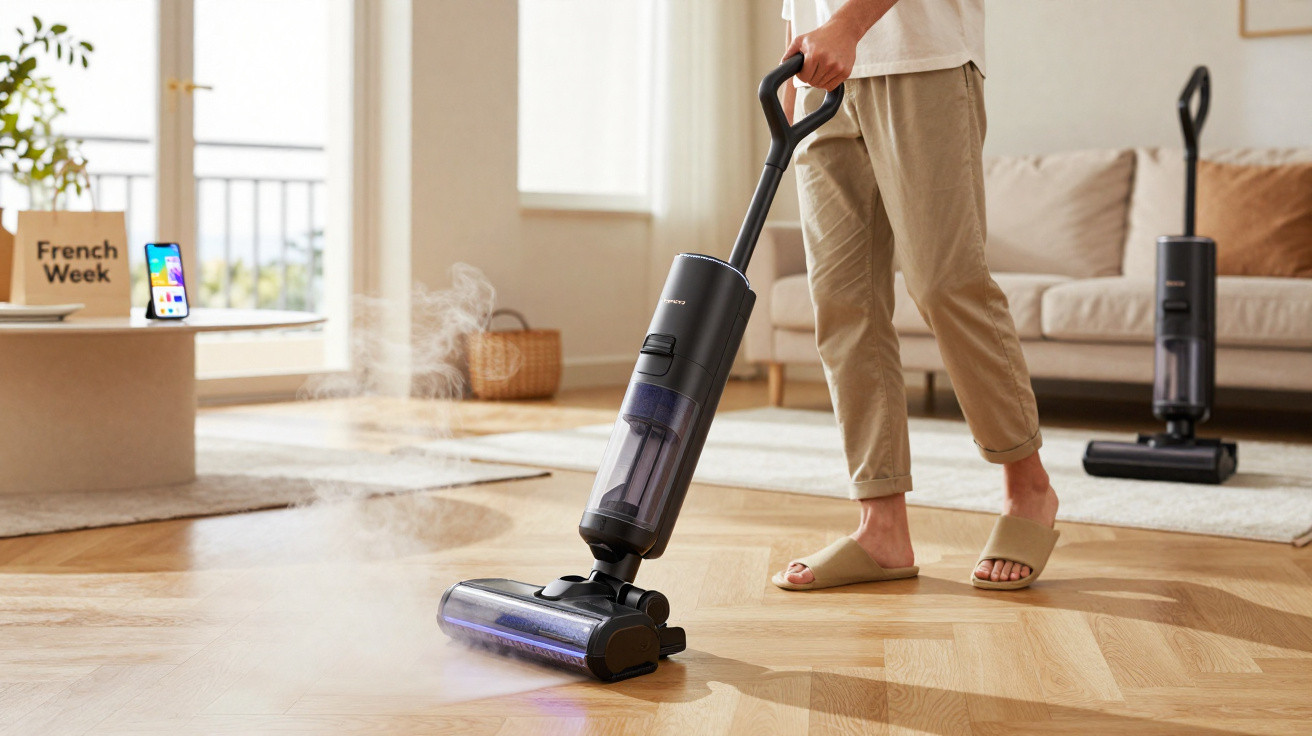 Person using a black cordless steam vacuum cleaner on a wooden floor in a bright living room.