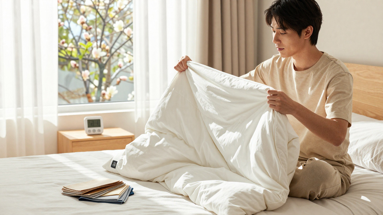 Man in beige clothing sits on bed examining a white duvet in a bright bedroom with a window and nightstand.