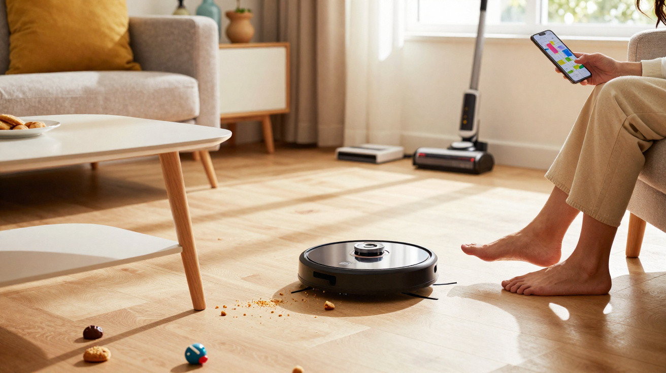 Robot vacuum cleaning crumbs on wooden floor in a living room with a person controlling it by phone