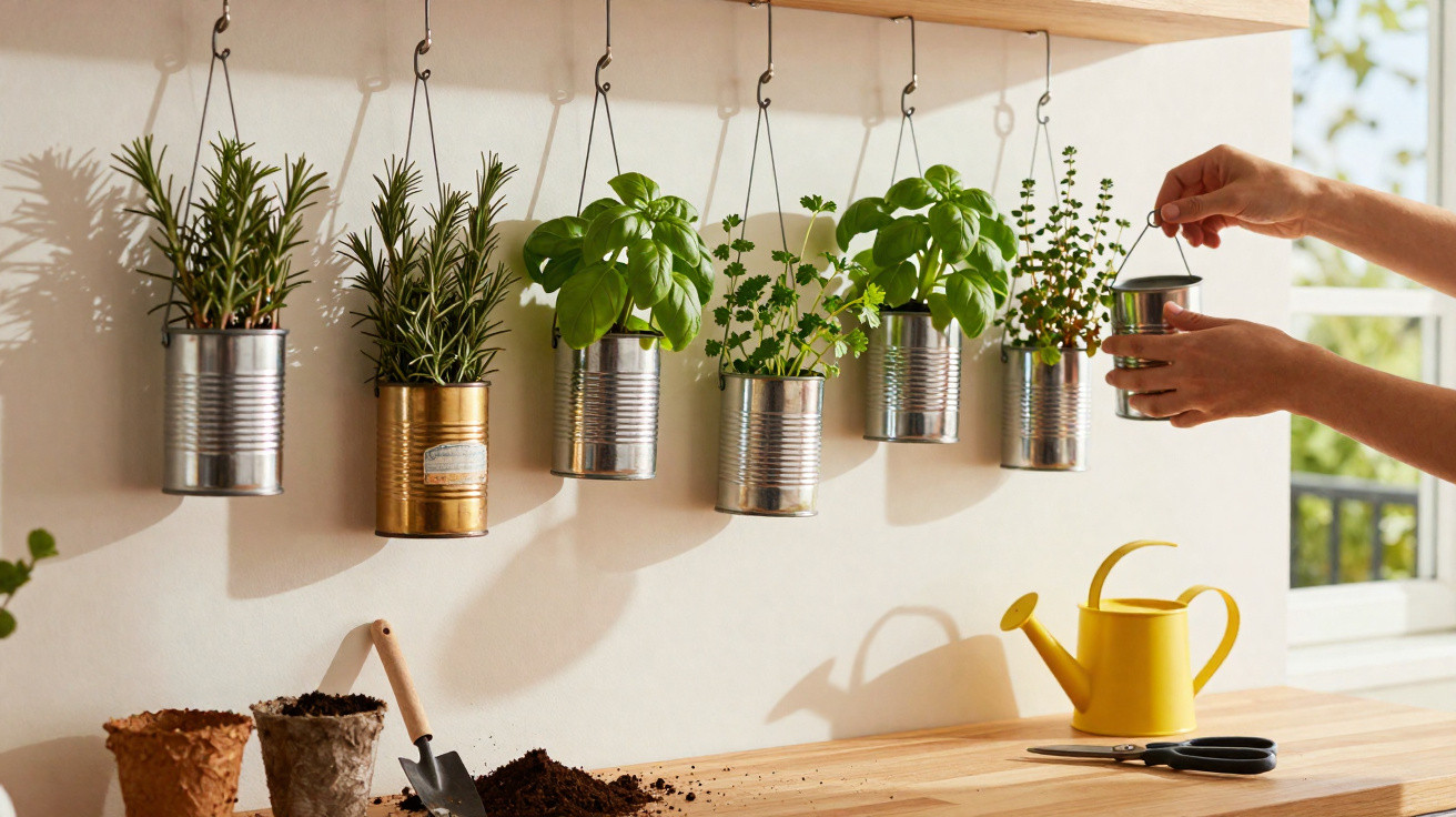 Herbs growing in hanging tin cans on a wall above a wooden countertop with gardening tools and a yellow watering can.