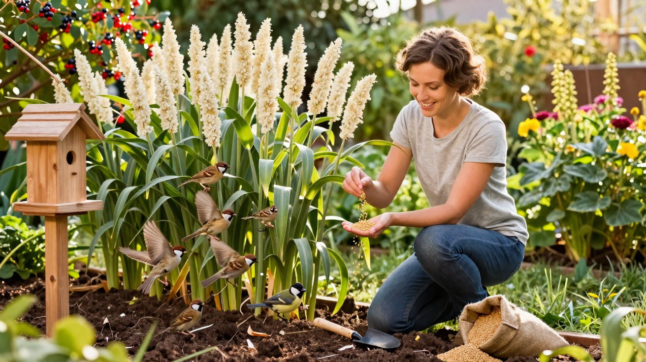 Woman feeding birds in a garden near a wooden birdhouse and white flowering plants.