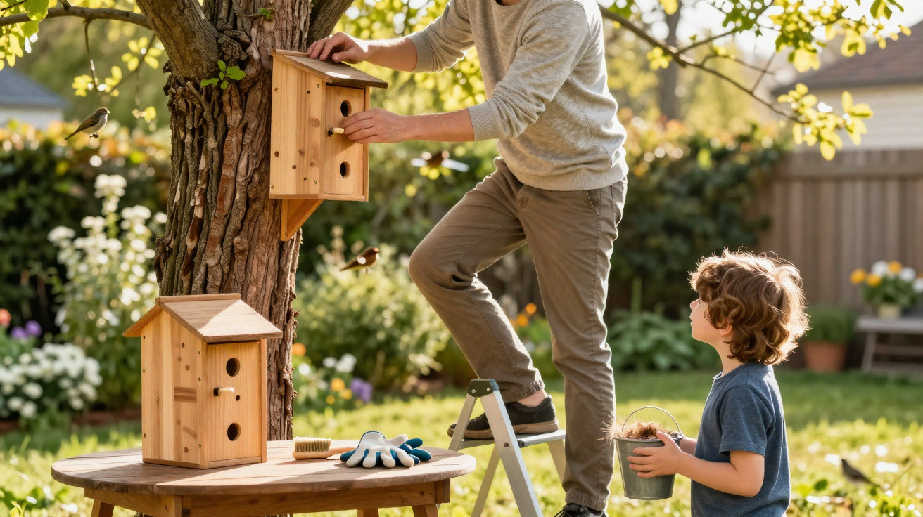Adult on ladder fixing wooden birdhouse to tree while child holds a small bucket in sunny garden.