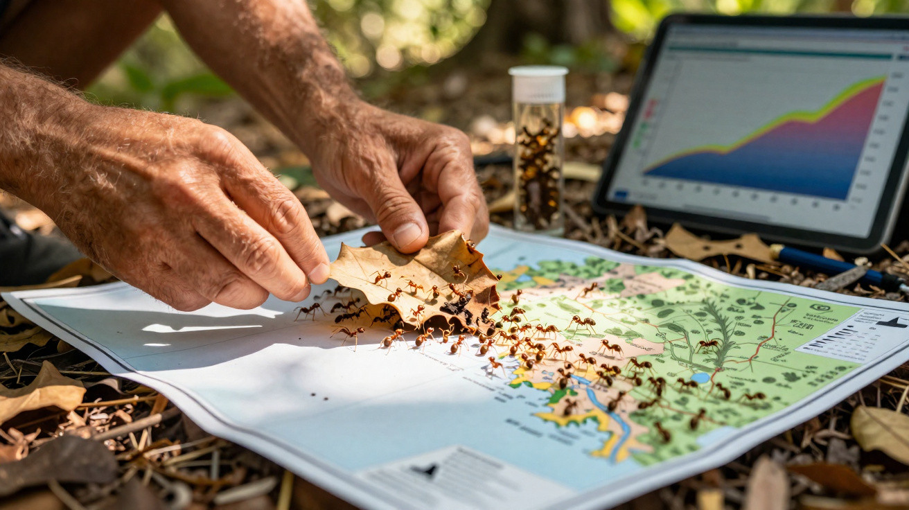 Hands holding a leaf with ants walking on it over a map, with a tablet displaying a graph in the background.