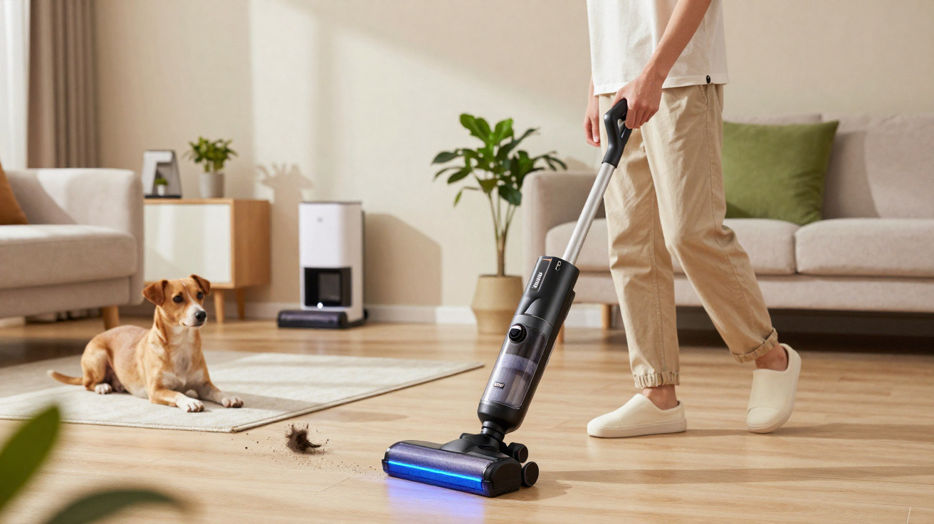 Person vacuuming a wooden floor with a stick vacuum near a small dog lying on a rug in a living room.