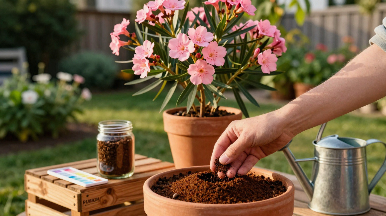 Hand planting seeds in a terracotta pot with pink flowers and gardening tools in a sunny garden setting.