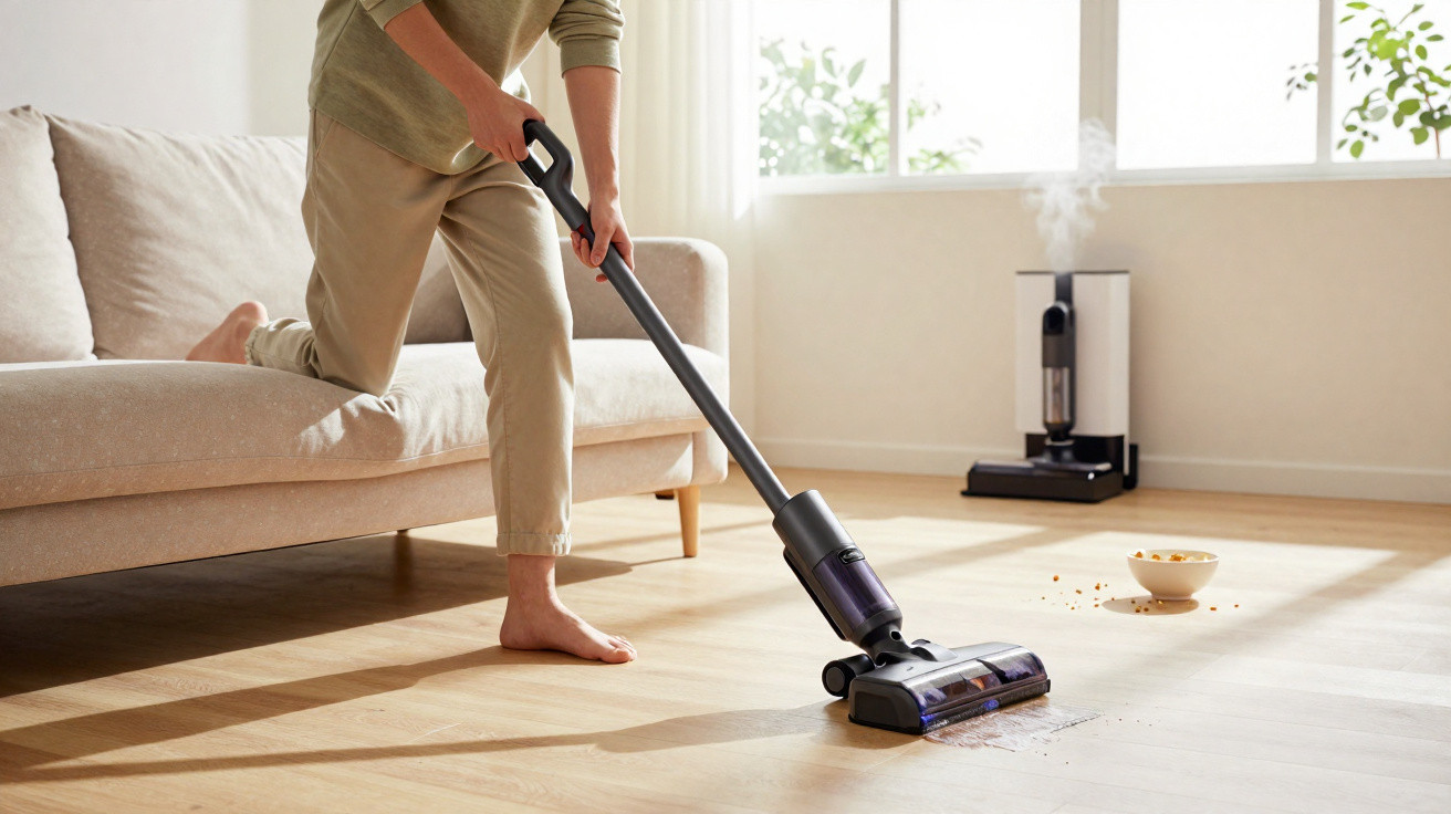 Person using a cordless vacuum cleaner to clean cereal crumbs on a wooden floor in a bright living room.