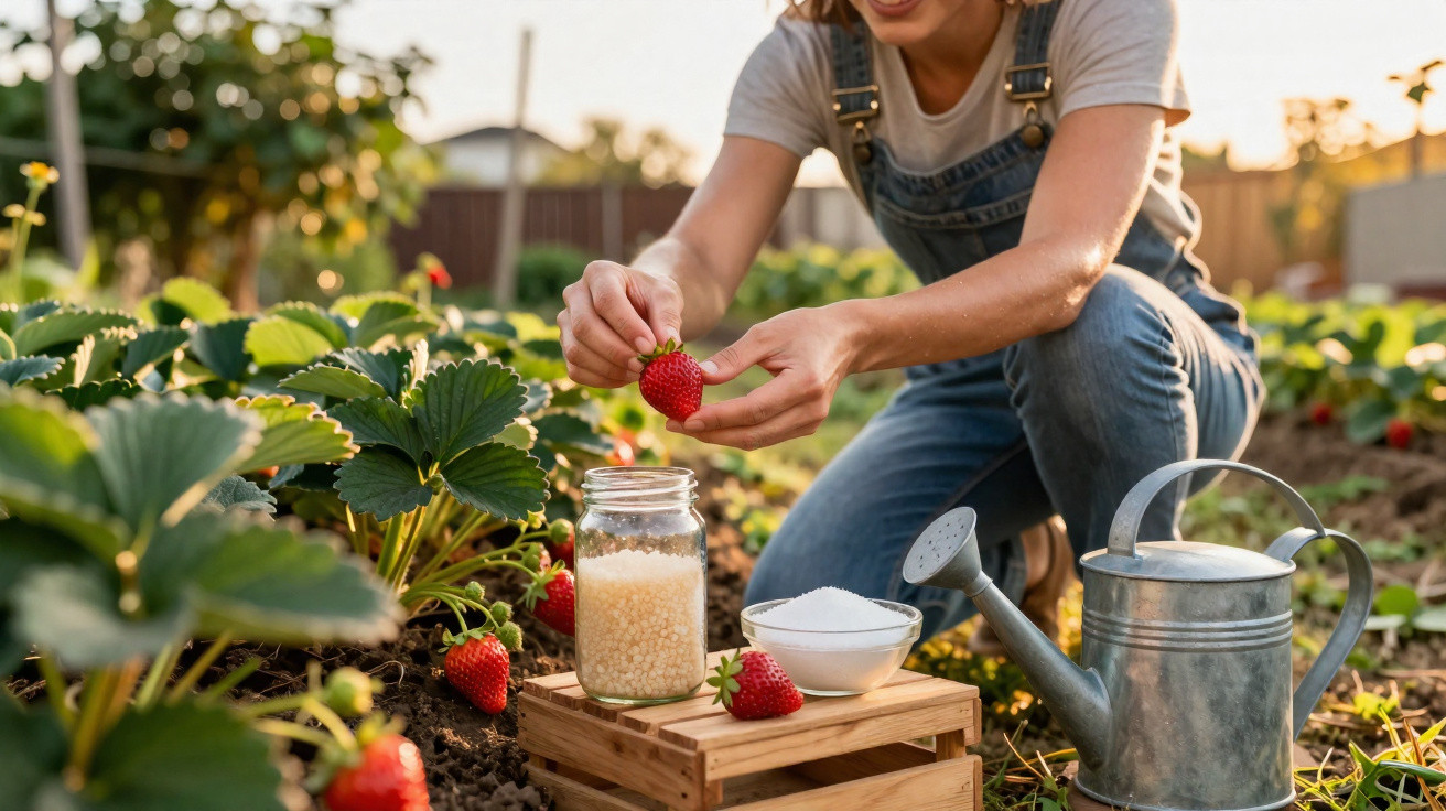Person picking fresh strawberries in a garden with a watering can and jars on a wooden crate nearby.
