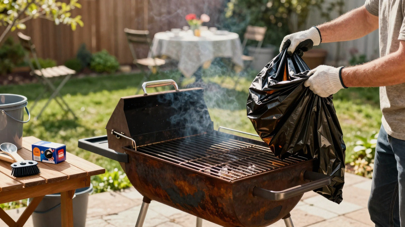 Person in gloves cleaning a rusty outdoor barbecue grill with a black garbage bag in a sunny garden.