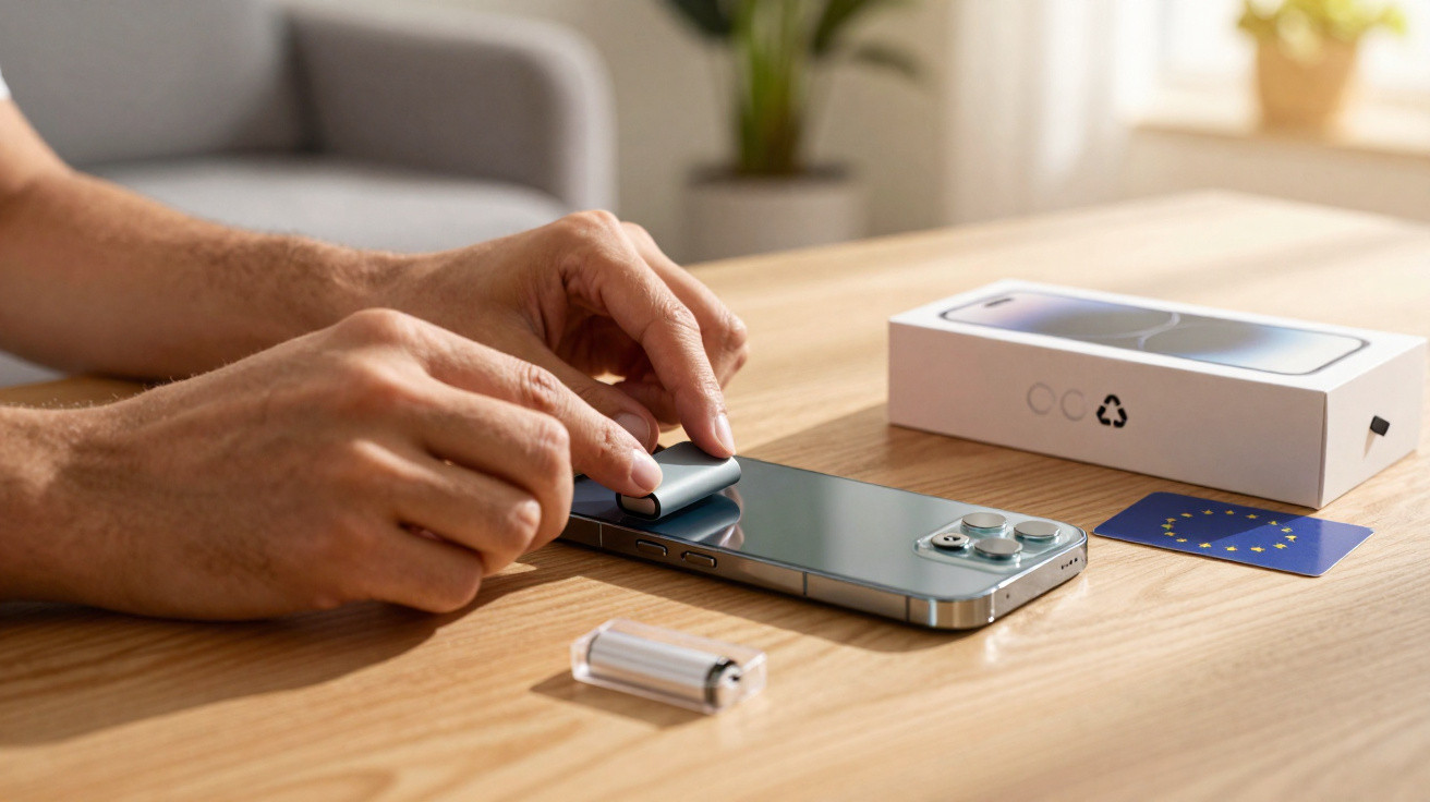 Person applying a screen protector to a modern smartphone on a wooden table with its box nearby.