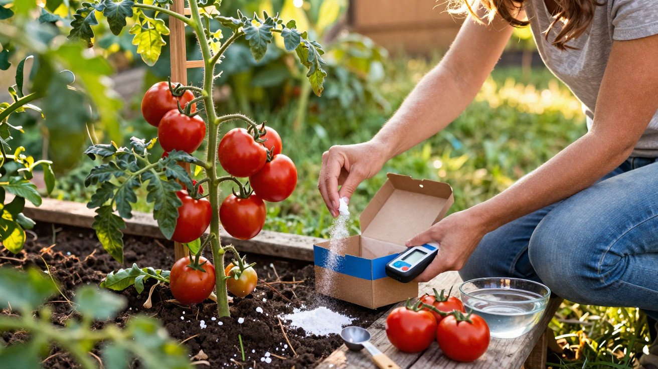 Person sprinkling fertiliser near a ripe tomato plant in a garden with fresh tomatoes nearby.