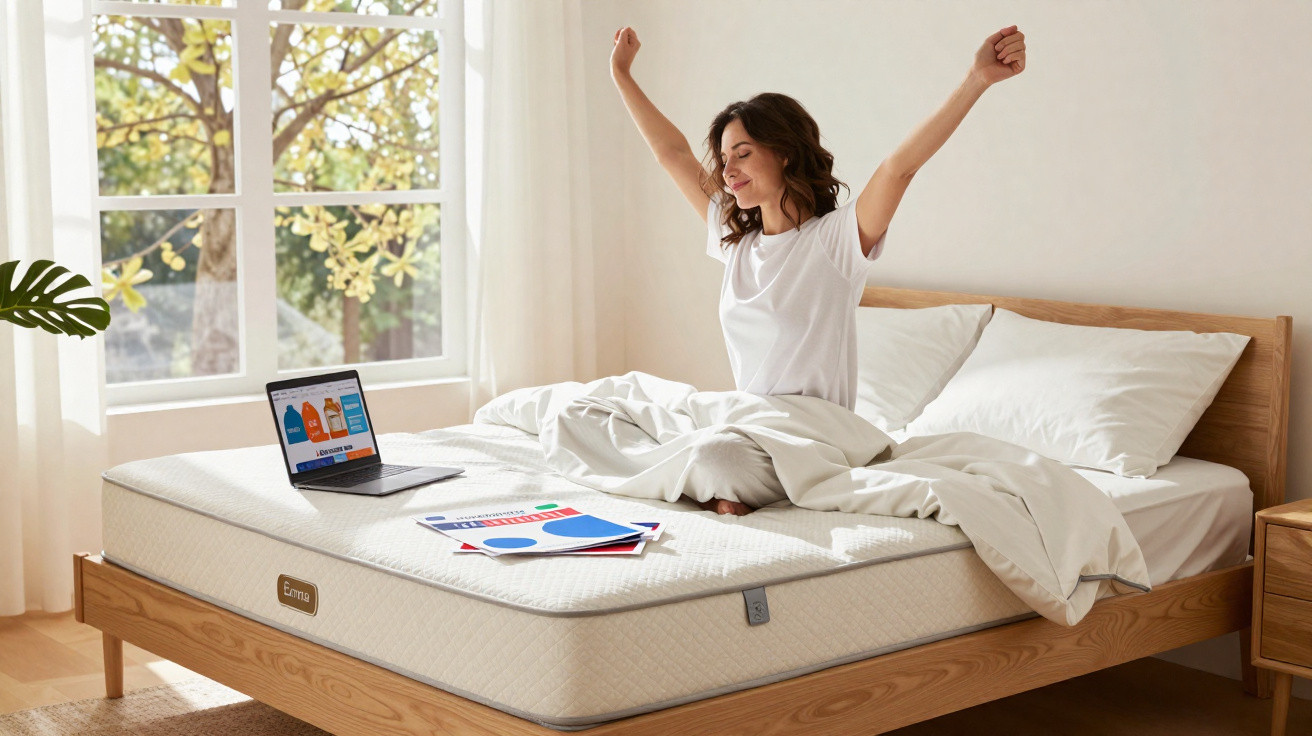 Woman stretching on a white bed with a laptop and documents in a bright room with large windows.