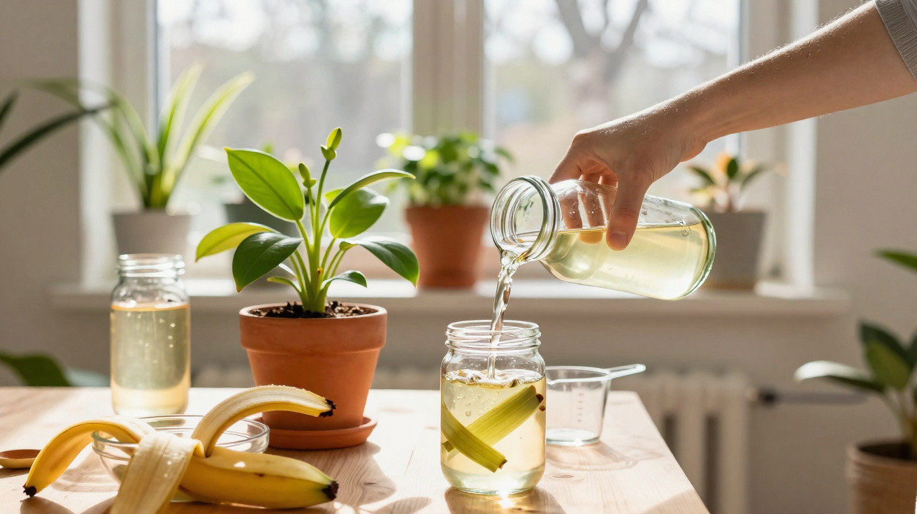 Hand pouring liquid from a glass bottle into a jar with celery, bananas and potted plants on a wooden table.