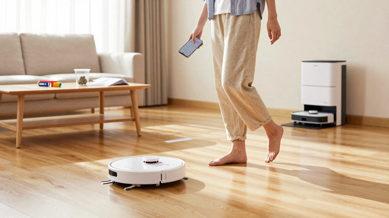 Person holding smartphone while standing barefoot on wooden floor near a robot vacuum cleaner in a living room.