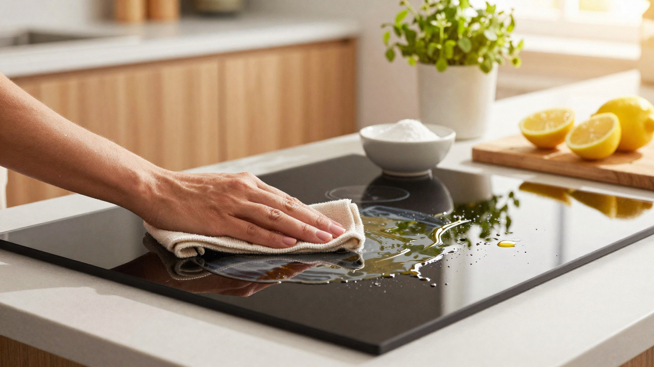 Hand wiping water and oil spill from black glass stove in bright modern kitchen with lemons and plant nearby.