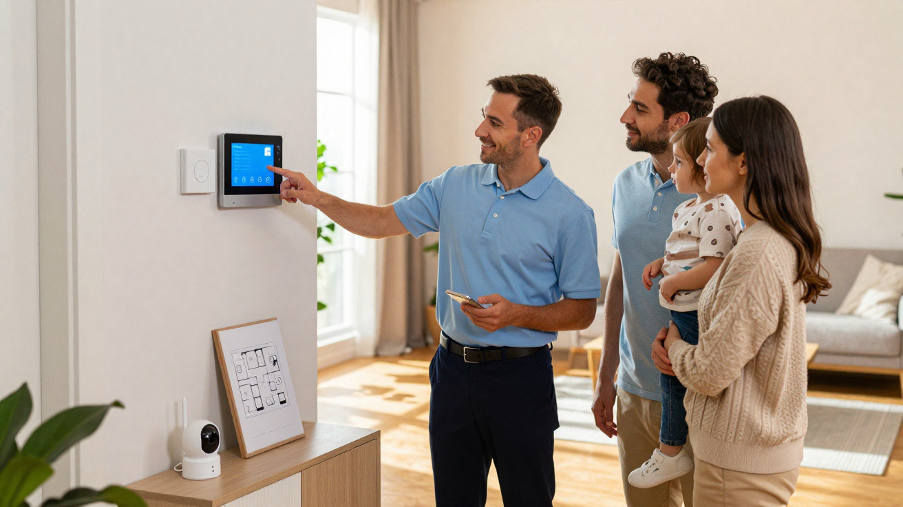 Man demonstrating smart home control panel to a couple with a toddler in a bright living room.