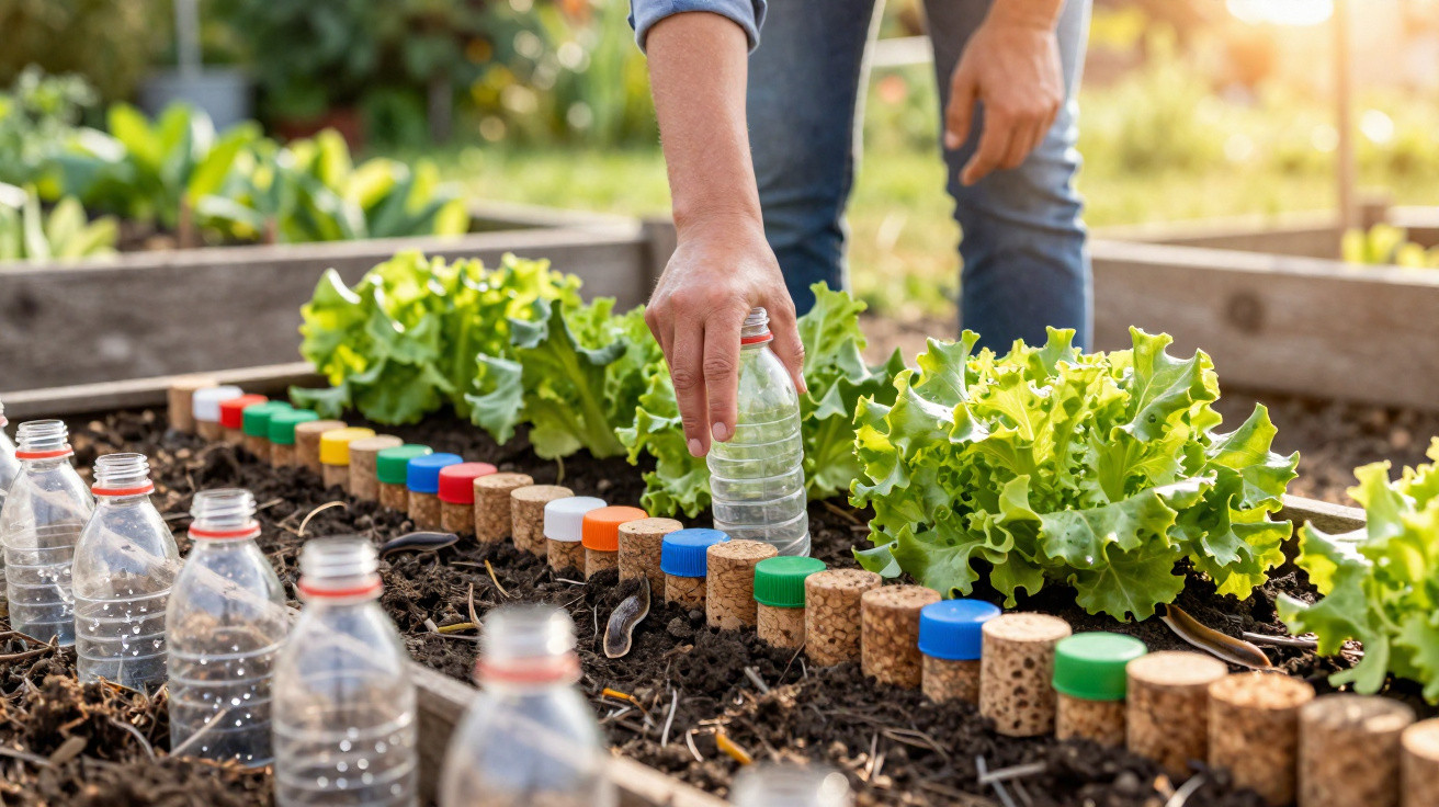 Hand placing a plastic bottle in a raised garden bed with lettuce and recycled bottle plant markers.