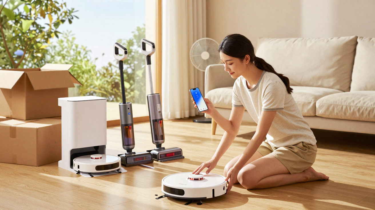 Woman controlling a robot vacuum cleaner with a smartphone in a bright living room with cordless vacuums nearby.