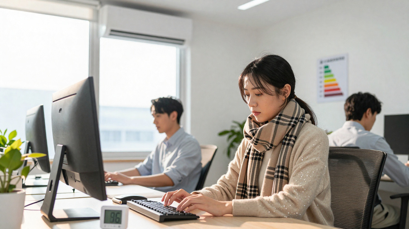 Two men and a woman working on computers in a bright office with large windows and plants.