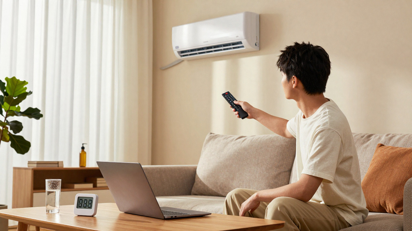 Man sitting on sofa using remote to control wall-mounted air conditioner in living room with laptop on table