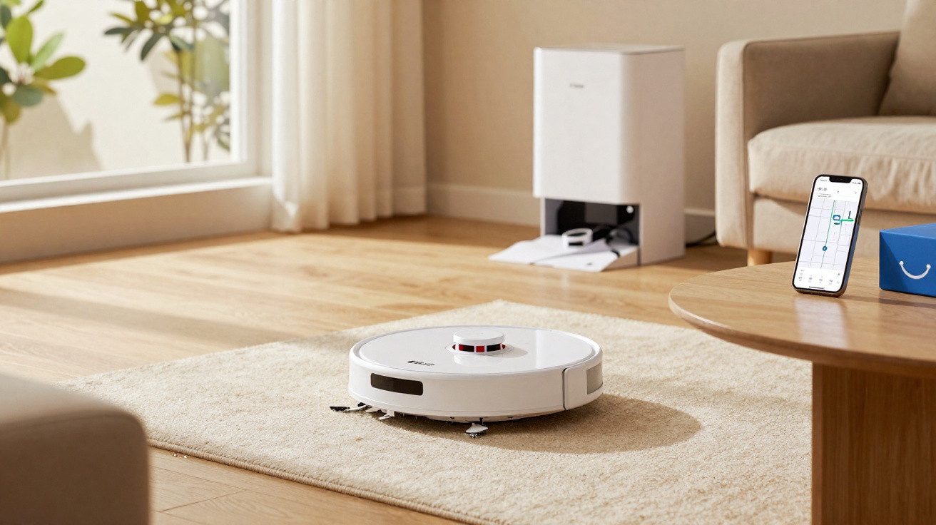 White robotic vacuum cleaner operating on beige carpet in a bright living room with a smartphone on the table.