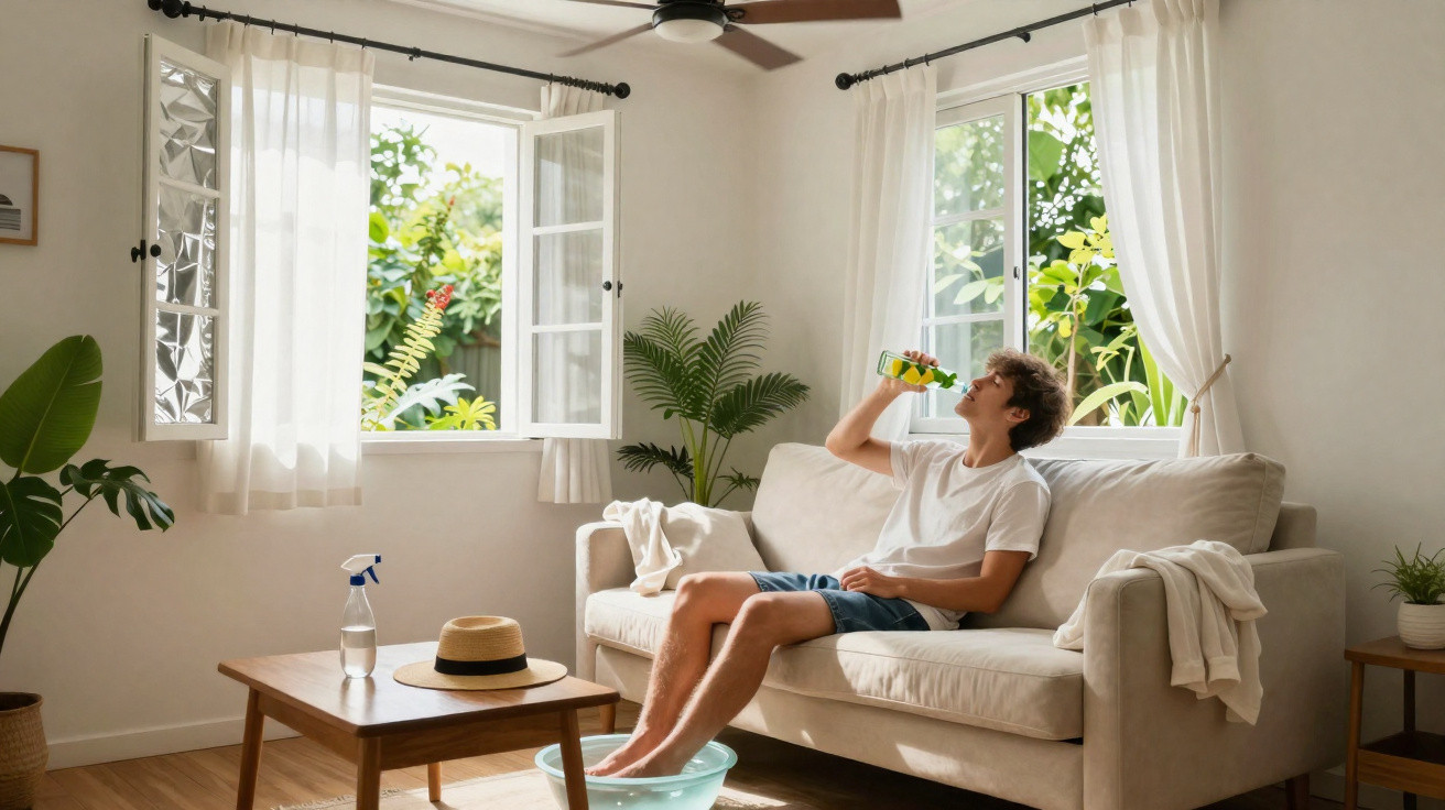 Young man relaxing on beige sofa with feet soaking in bowl, drinking from bottle in sunlit living room with plants.