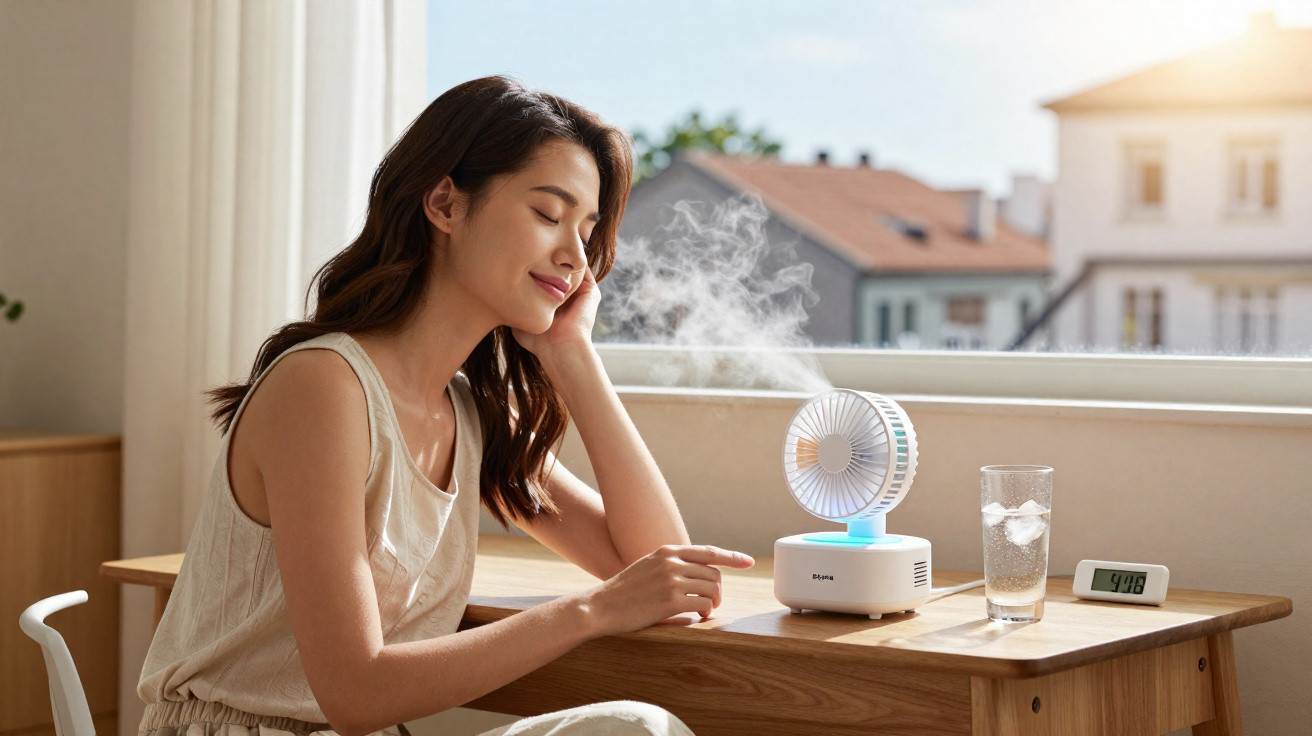 Woman sitting at a desk enjoying cool mist from a compact humidifier and fan next to a glass of ice water and clock.