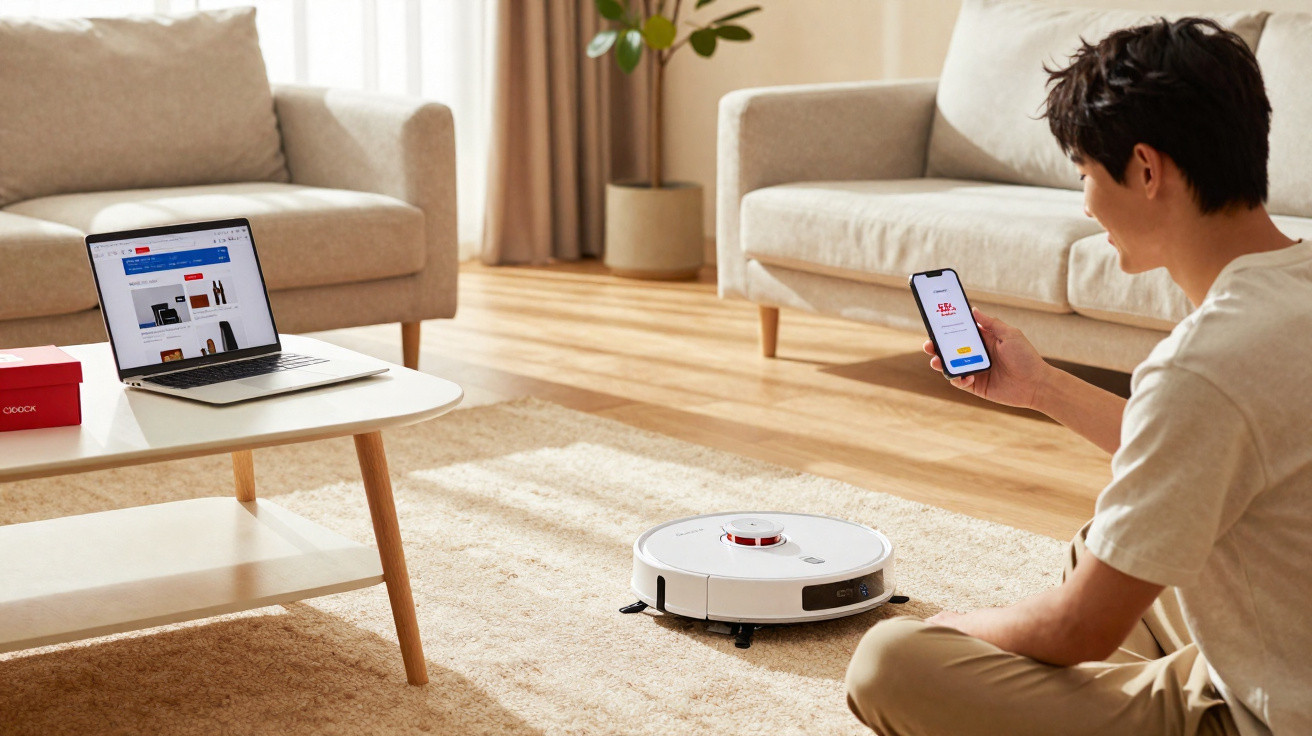 Man controlling a white robotic vacuum cleaner with a smartphone in a modern living room with beige sofas and wooden floor.
