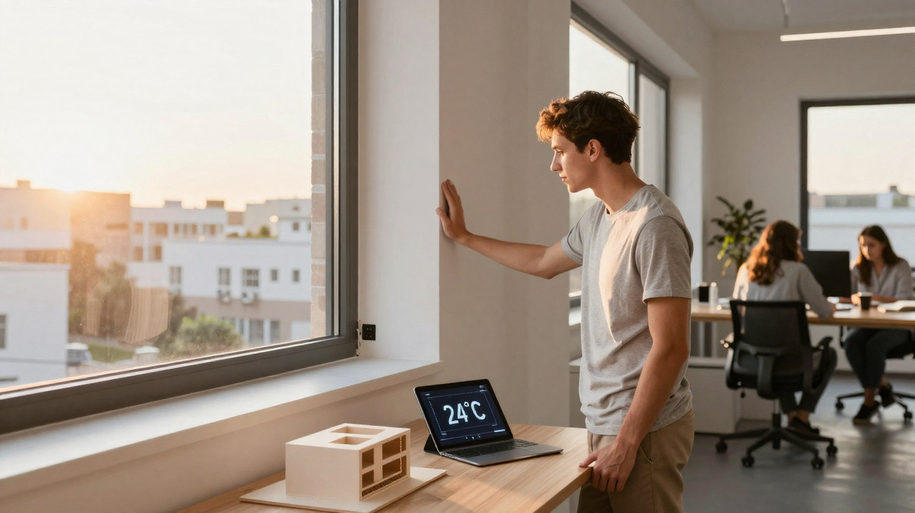 Young man standing by office window looking outside with laptop showing 24°C and architectural model on desk