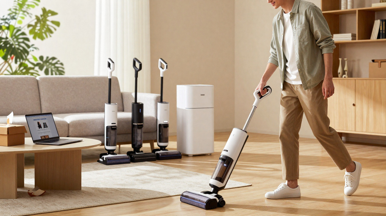 Person vacuuming a wooden floor in a modern living room with multiple cordless vacuum cleaners on display.