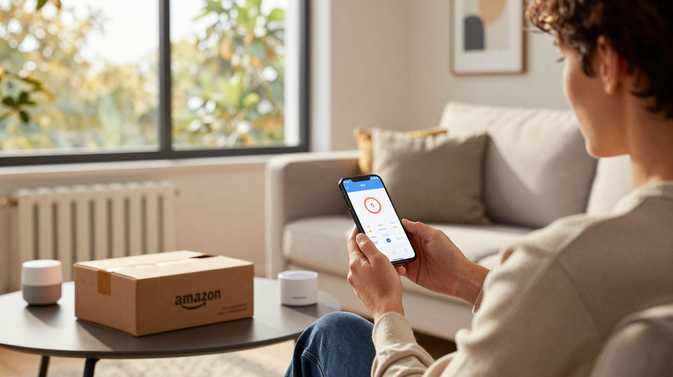 Person sitting on a sofa holding a smartphone displaying a smart home app, with an Amazon package on the table.