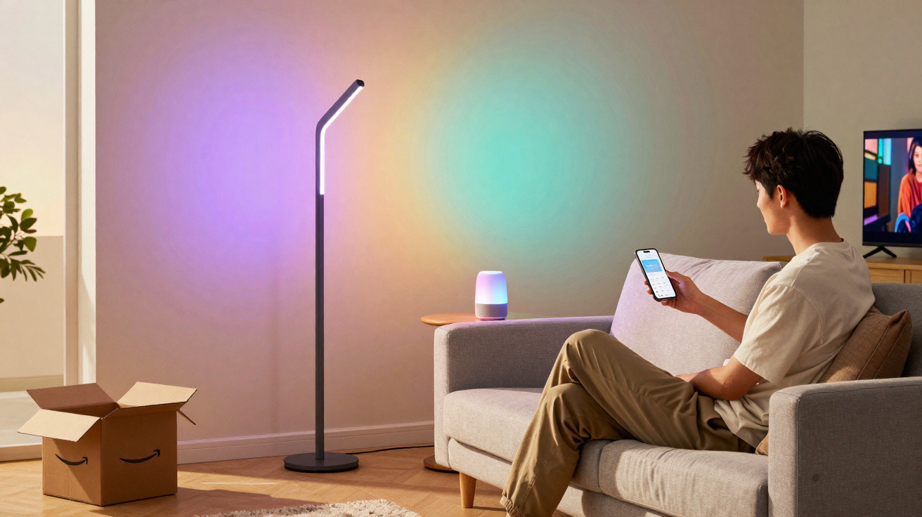 Person sitting on a sofa using a smartphone to control a colour-changing smart floor lamp in a living room.