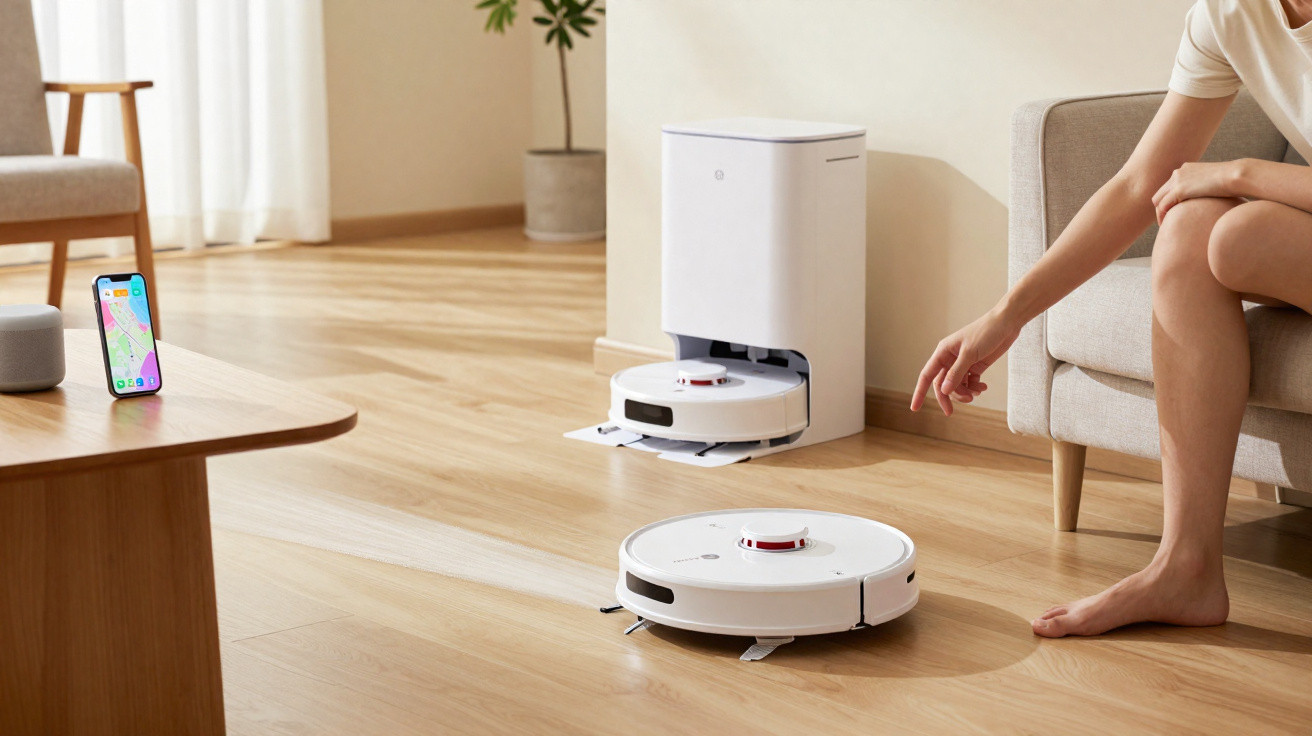 Person sitting on sofa operating white robot vacuum cleaner on wooden floor near charging dock.