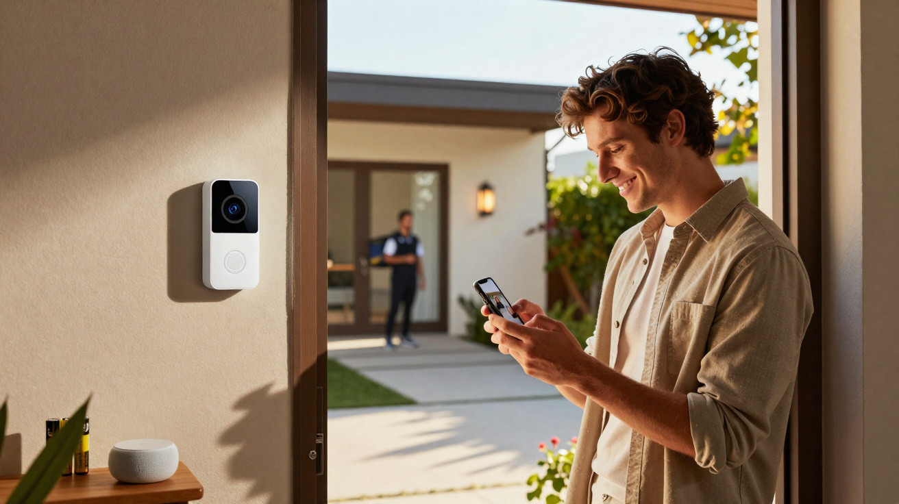 Man smiling at phone inside doorway with video doorbell and delivery person outside in background