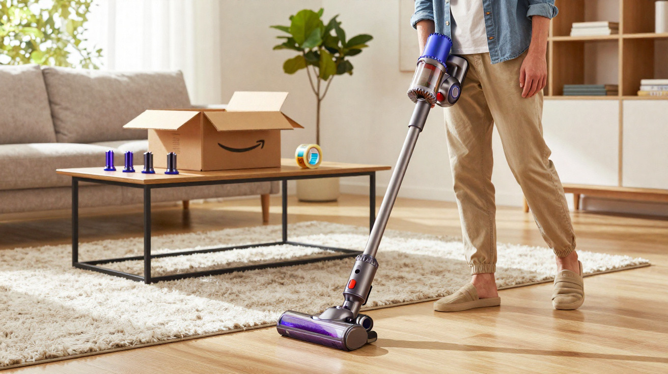 Person vacuuming wooden floor in a living room with a sofa, coffee table, and moving box nearby.