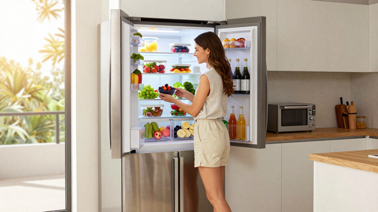 Woman in beige outfit placing a bowl of berries into a well-stocked, open stainless steel fridge in a modern kitchen.
