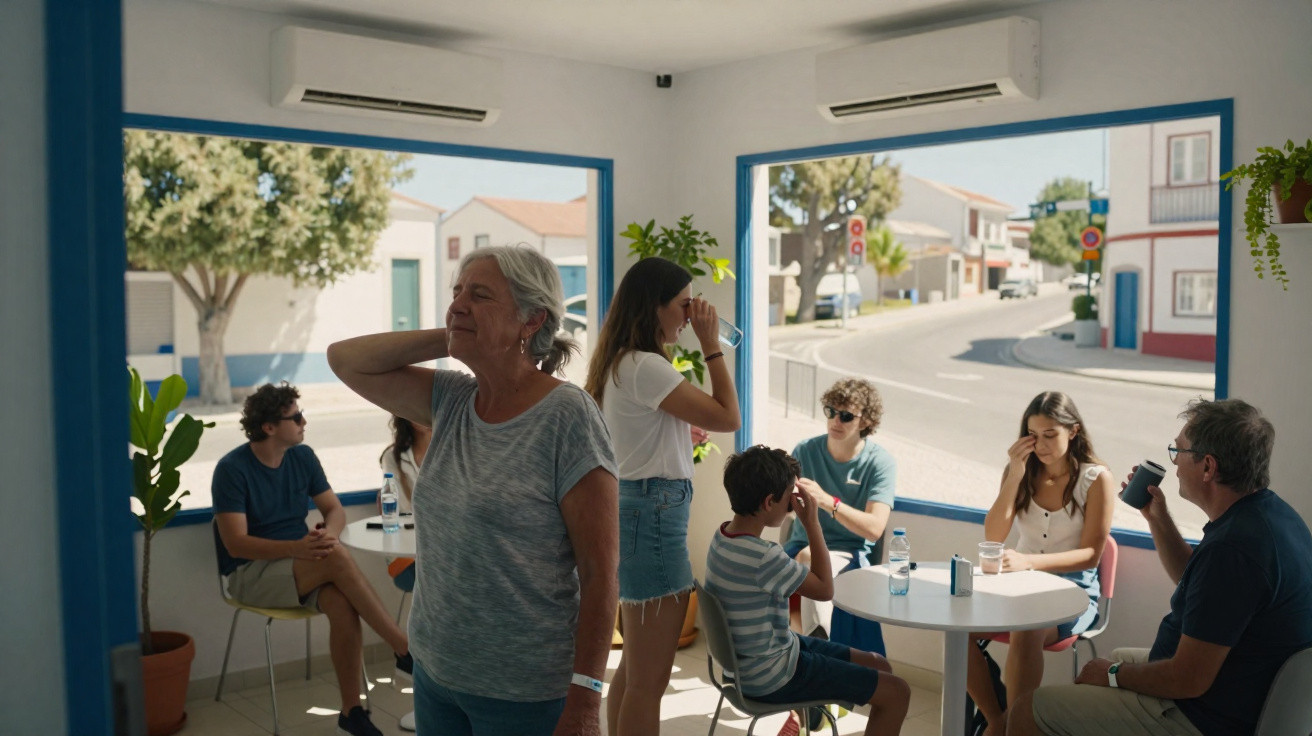 Group of people sitting and standing inside a bright cafe with large windows overlooking a sunny street.