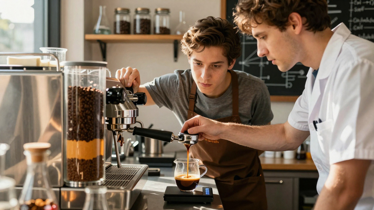 Two baristas preparing an espresso shot using a coffee machine in a modern café setting.