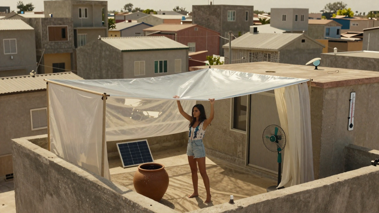 Young woman adjusting a white canopy on a rooftop terrace with solar panel and fan in a residential area.